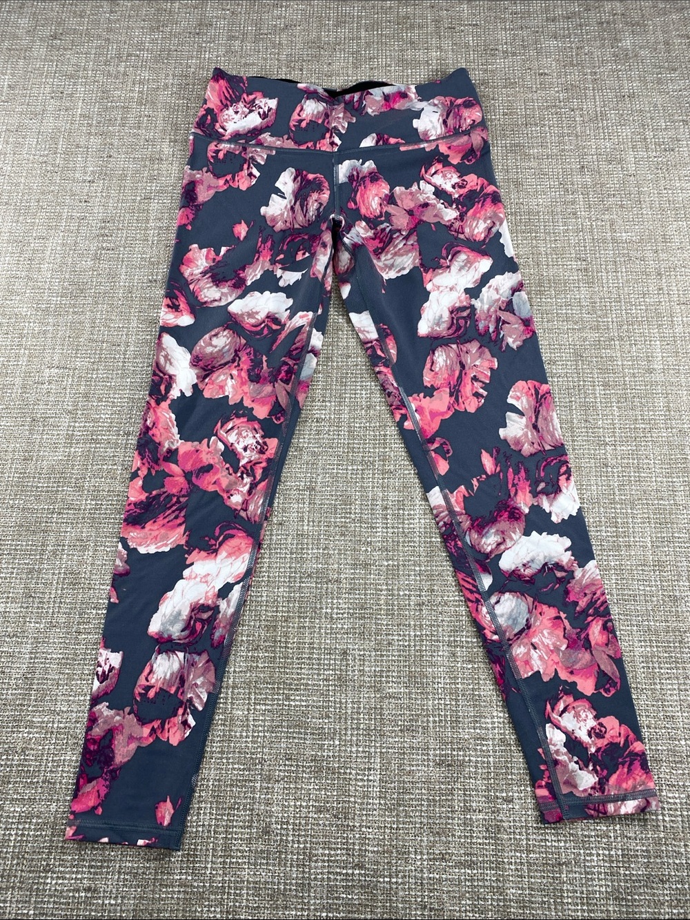 Women's High-Rise Floral Leggings - Pink Floral on Dark Gray
